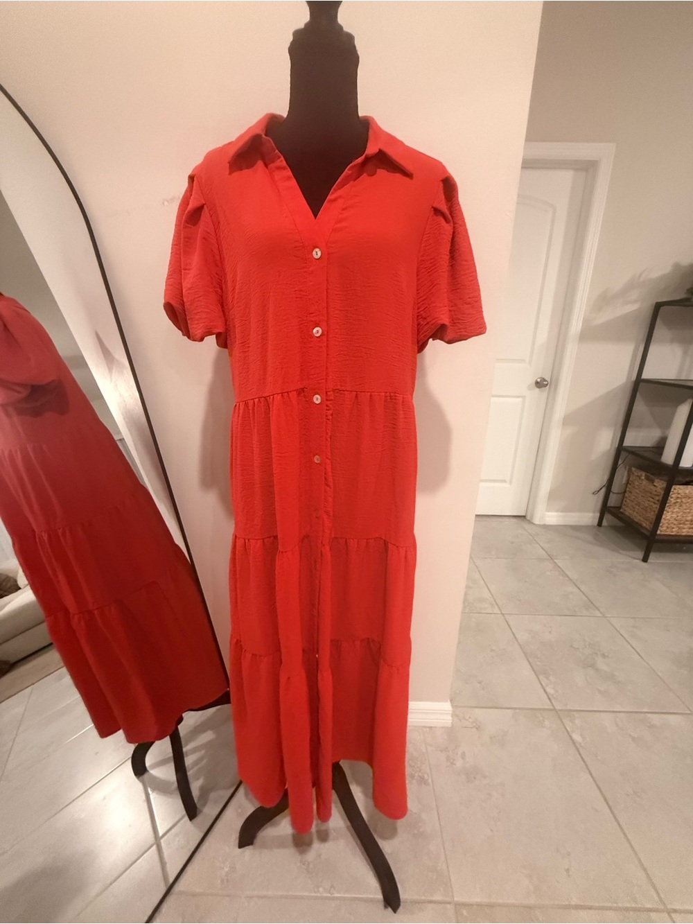 MSK Red Button-Front Tiered Maxi Dress